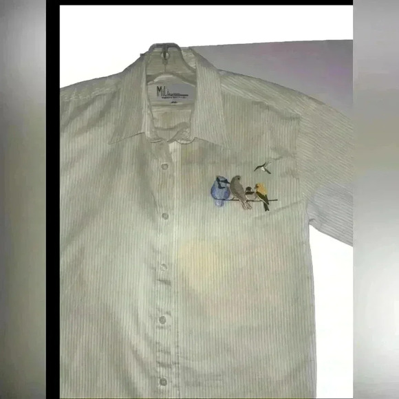 Vintage MiLi designsPinstriped Button-Up Shirt with  Embroidered Birds - Picture 6 of 10